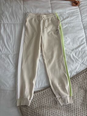 adidas Cream Track Joggers with White and Neon Green Side Stripes
